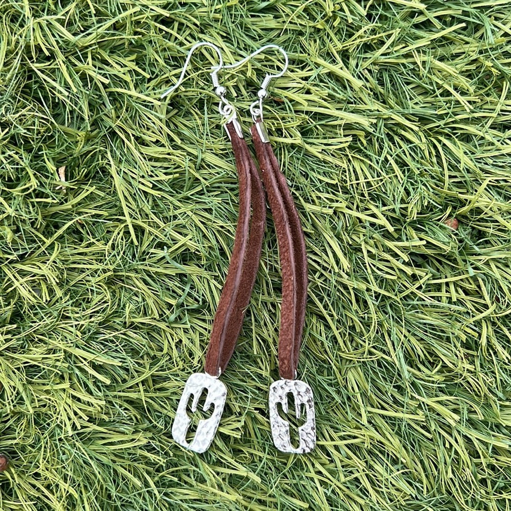 long cactus charm leather strap earrings